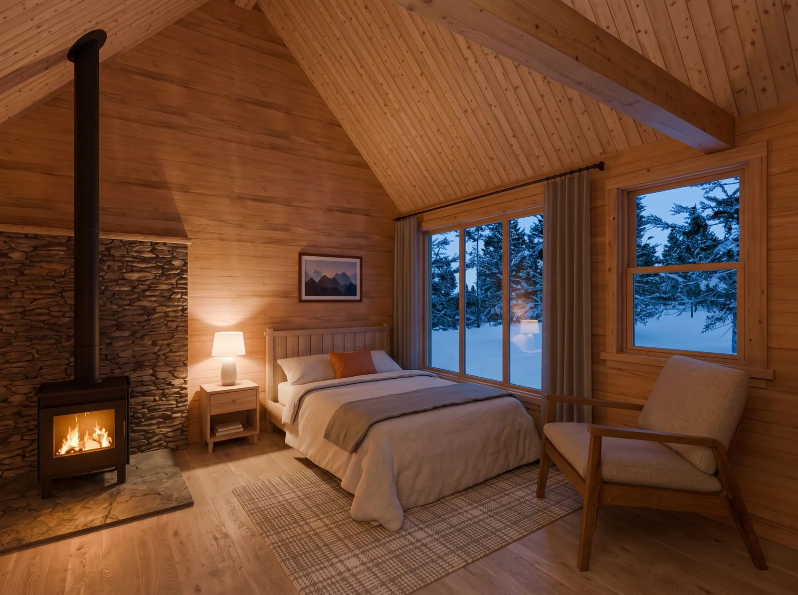 Cedar Studio with the bed beside a large window