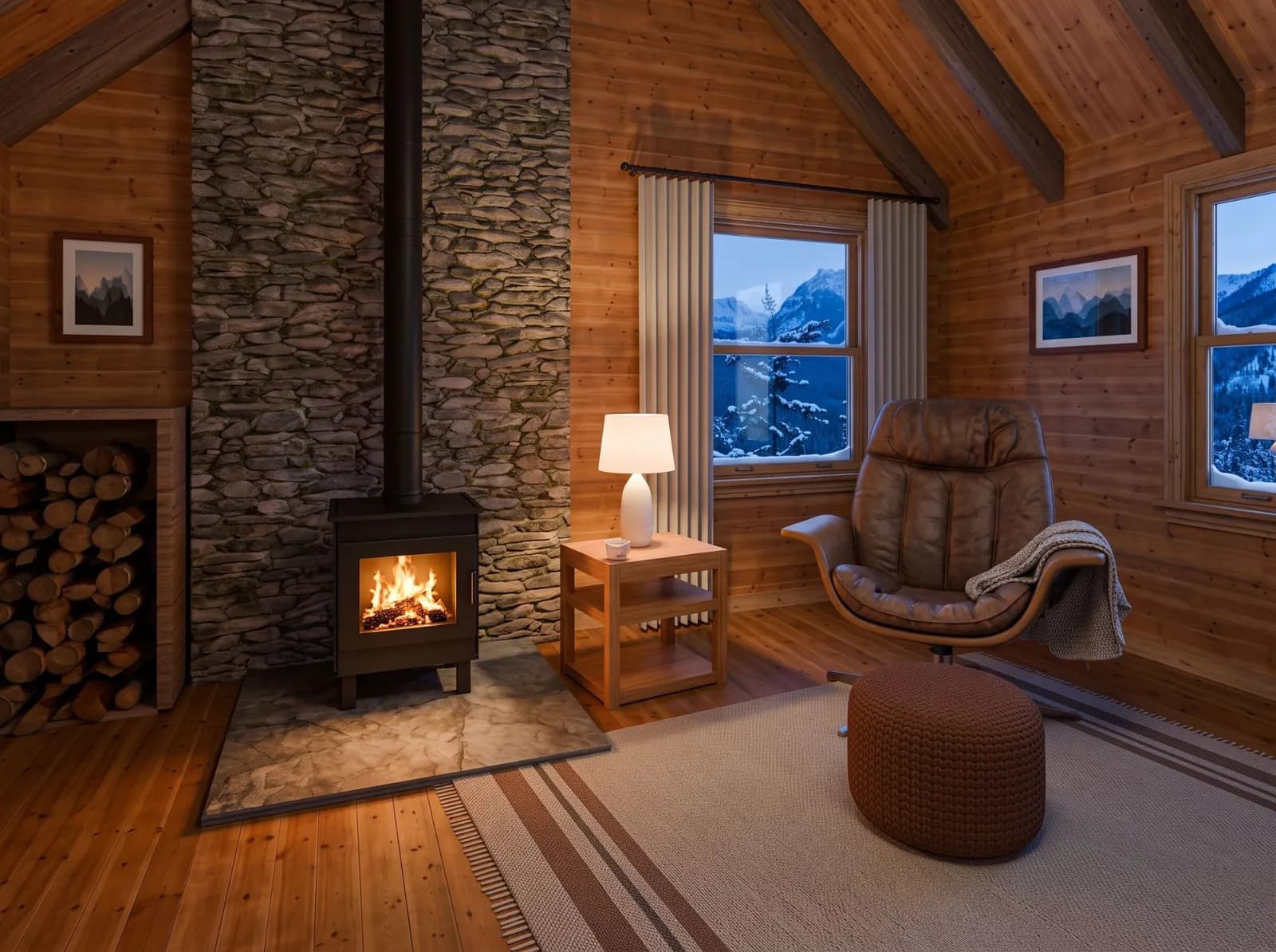 Main room of the Creekside Chalet with a stove and a leather reading chair