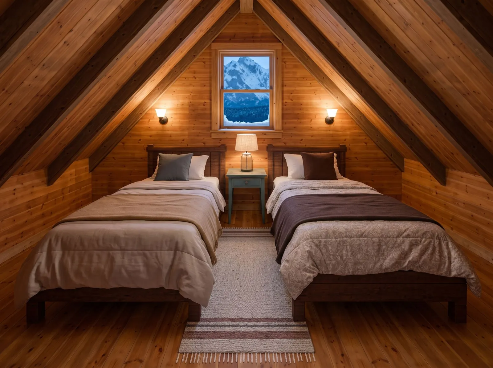 Loft bedroom with two single beds under a sloped timber roof
