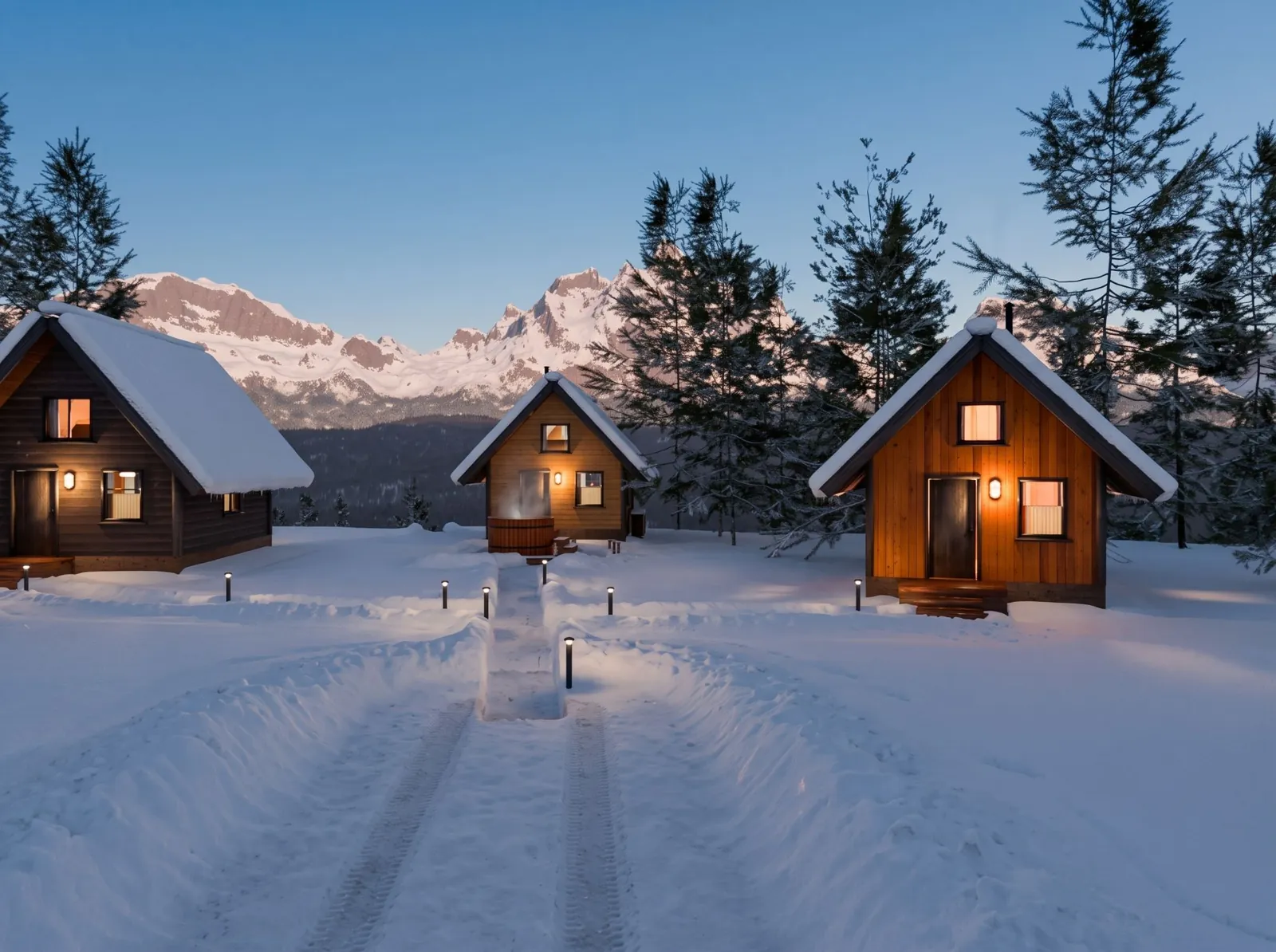 Three timber chalets with snow on the roofs, seen from the lane at dusk