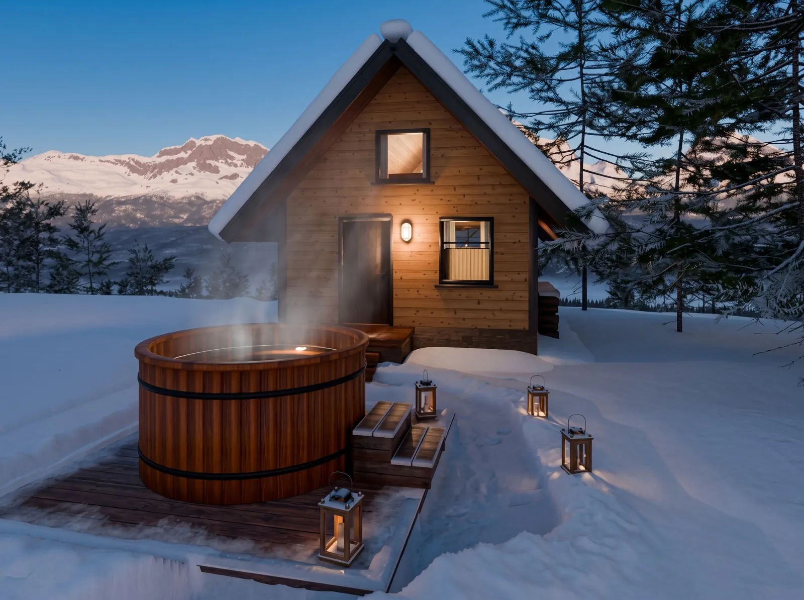 Round cedar hot tub steaming in the snow beside a chalet