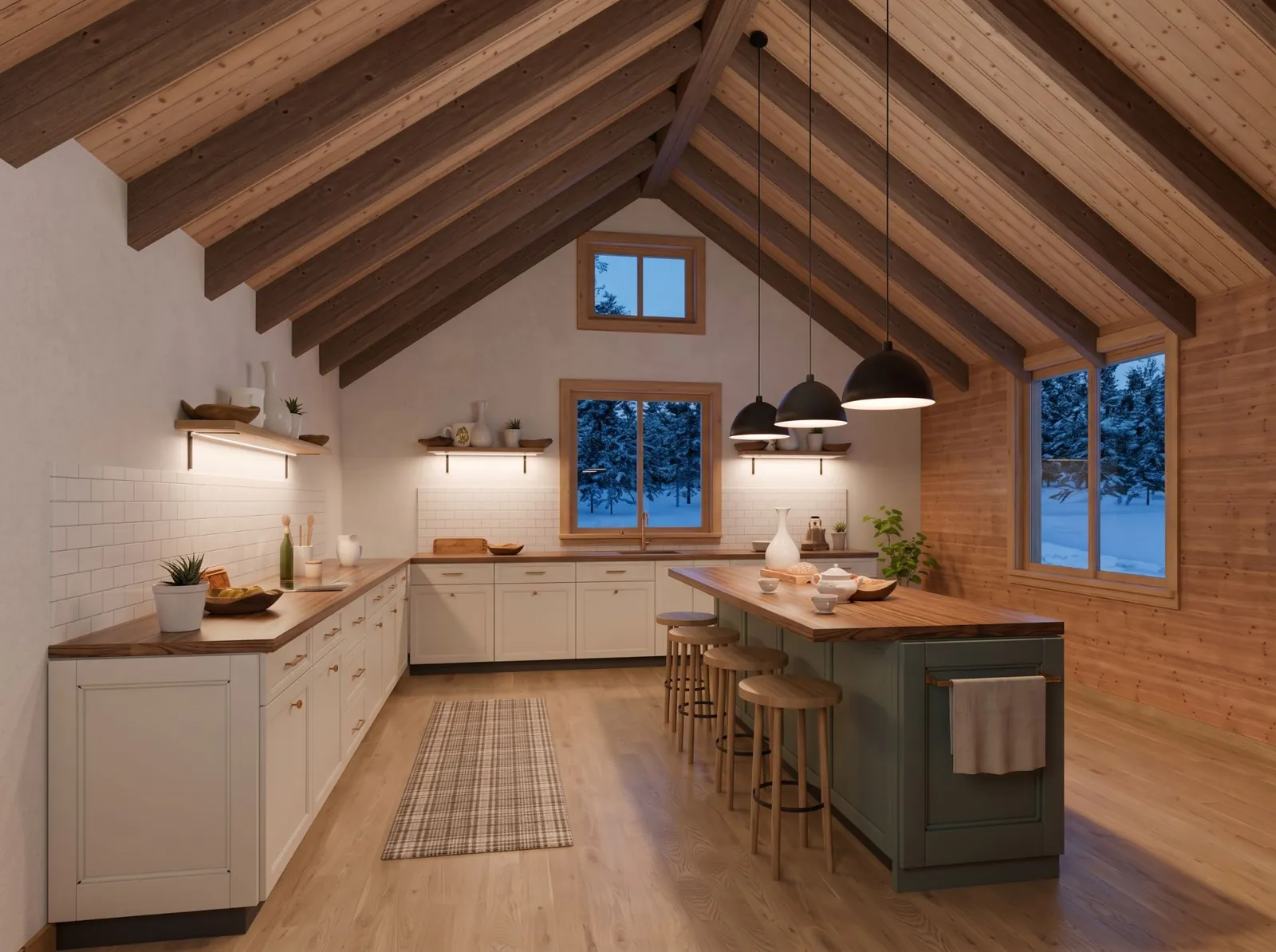 Kitchen with a long timber counter, four stools and pendant lights
