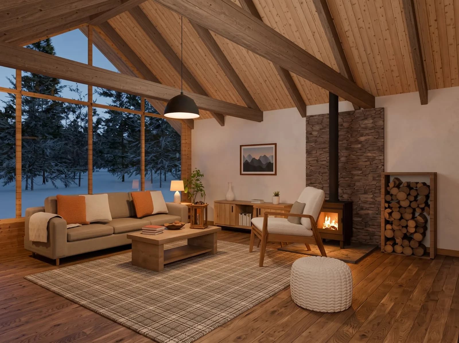 Living room with a wood stove lit and tall windows onto snowy pines