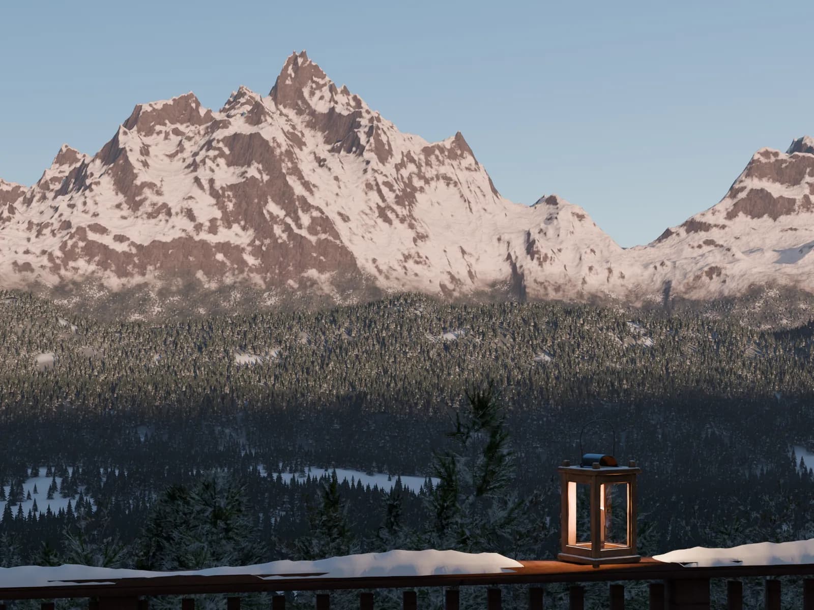Snow-covered peaks above a forested valley, seen from the deck